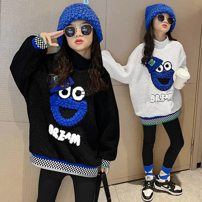

2023 Korean Fashion Teenage Autumn Winter New Kids Girls Plush And Thicken Long Sweatshirts Children Fashion Tops 5-14Years