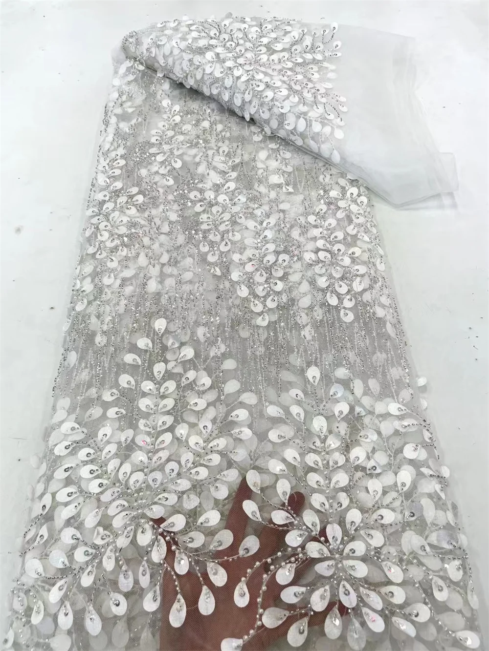 

Новинка 2023, африканская кружевная ткань с бисером, белая вышивка, французская сетка с блестками, кружевная ткань, нигерийское Тюлевое кружево для женских фотографий