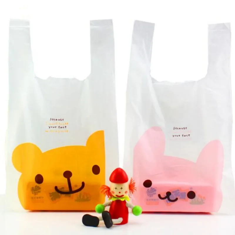 

100pcs Cute cartoon cat pattern plastic vest bag drink take-out package small jewelry drink bag white tote bag 0.05 mm gift bag