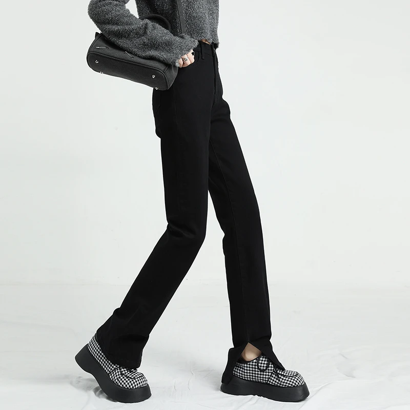 Black Womens Jeans Mid Waist Vintage Straight Slim Denim Pants Streetwear American Style Fashion Side Slit Denim Trousers New