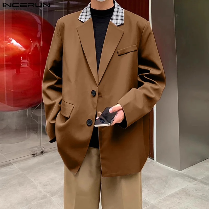 Модный мужской блейзер в клетку с воротником-стойкой и длинными рукавами