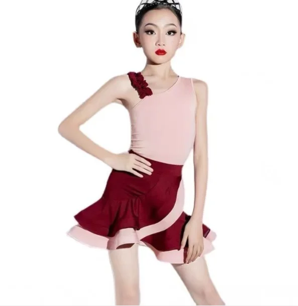 

1set/lot children fashion latin dancing costumes girl pink leotard and ruffles skirt