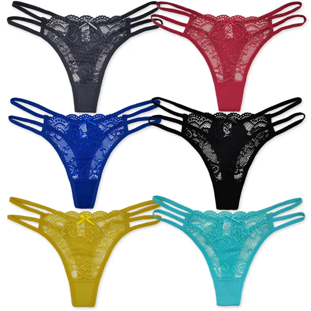 

12Pcs/Lot Fashion Women's Sexy Lace Panties Female Low Rise Thong Solid Color Cotton G-string For Ladies Hollow Out Underwear