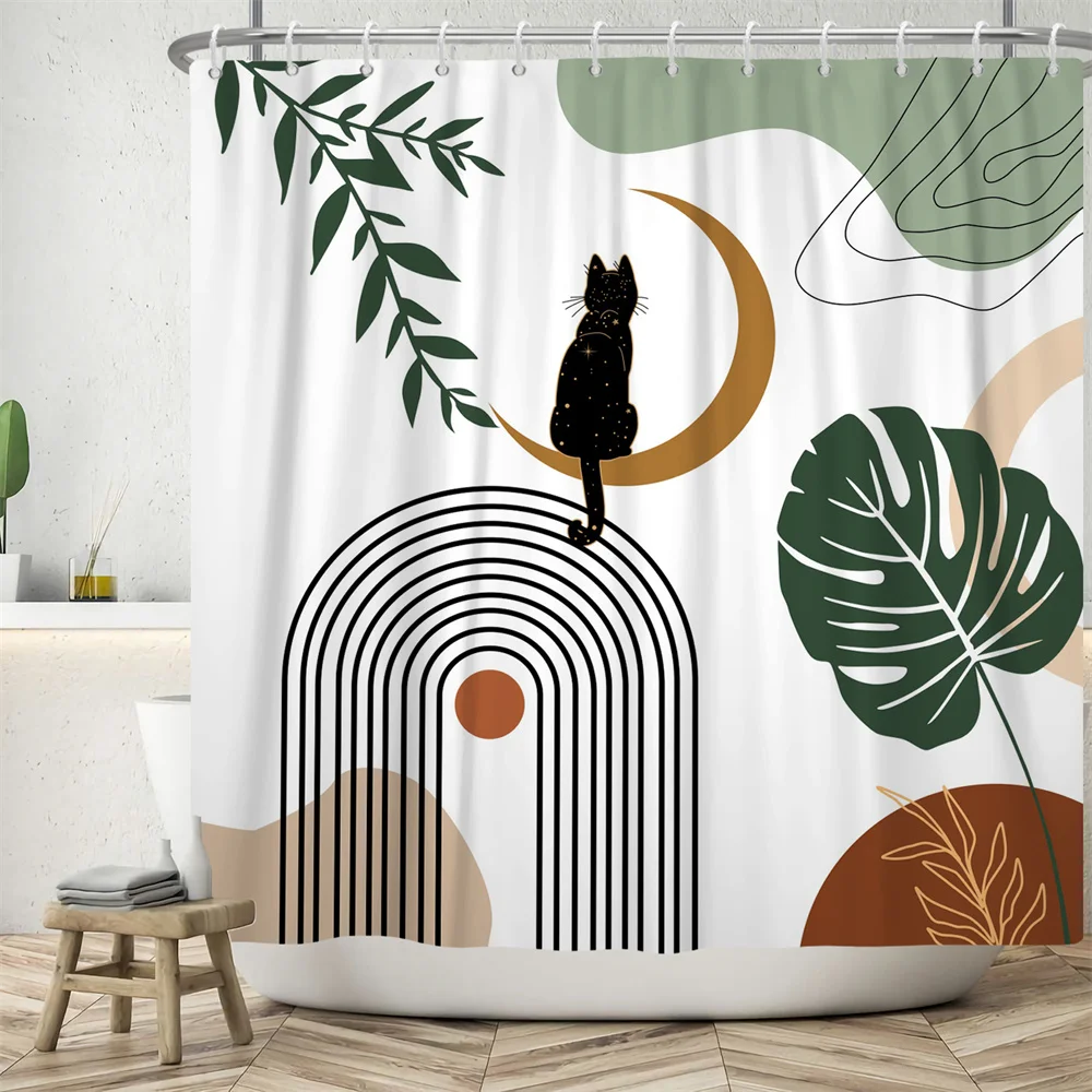 

Штора для душа в скандинавском стиле, водонепроницаемая занавеска для ванной из полиэстера с рисунком черной кошки, зеленых растений, Листьев, с крючками