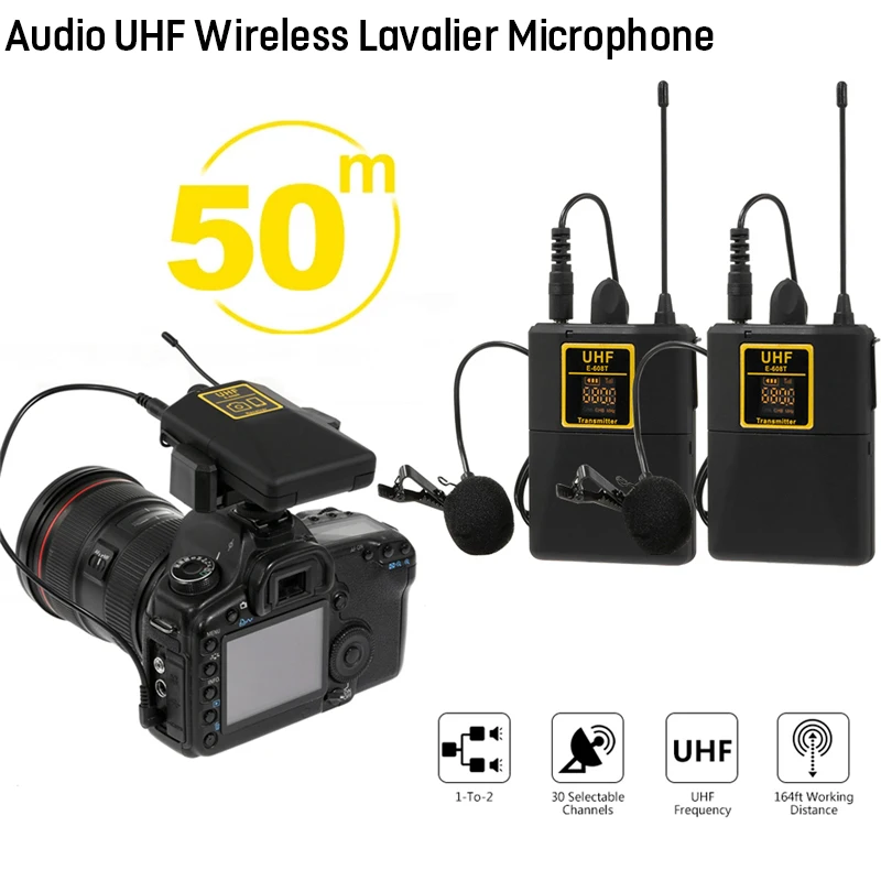 Audio UHF Wireless Lavalier Microphone with 30 Selectable Channels 50m Range for DSLR Camera Interview Live Recording
