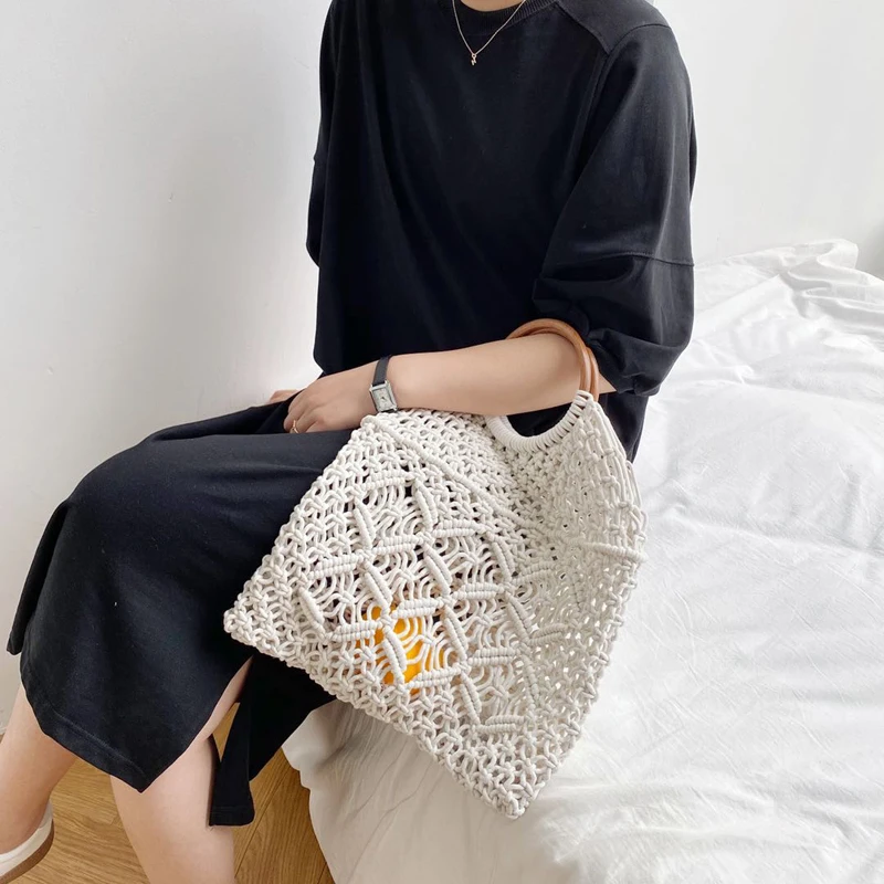 Летние женские сумки с ручками сверху Хлопковые вязаные ажурные женская сумка