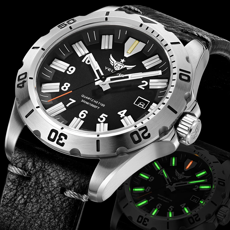 Фото Мужские кварцевые часы YELANG 42MM V1036 с люминесцентным циферблатом, литиевым механизмом (10 лет службы), вращающимся циферблатом, водонепроницаемостью 30ATM (300 м), в стиле милитари №2