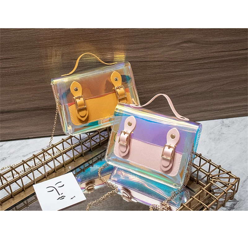 

Female Laser Crossbody Bag Chain Bag Transparent PU Leather Fashion Wild Mini Shoulder Messenger Bag PVC Small Tote Bag 2022