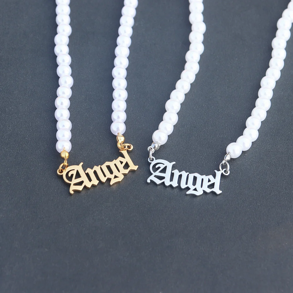 

Old English Letter Angel Necklace Stainless Steel Baby Princess Pearl Choker 666 Necklaces For Women Gold Silver Pendant Colar