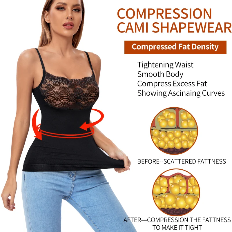 Lace Cami Shapewear Women Body Shaper Tummy Control Flat Belly Patchwork Camisole Seamless Essential Tank Top Black All Day Vest