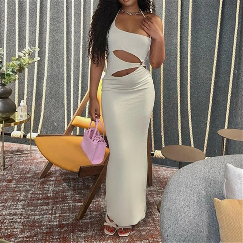 

Summer Fashion Slim Sexy Club Solid Color Hollow Out Backless Low Cut Halter Long Dresses Women Girl Maxi Slip Bodycon Dress