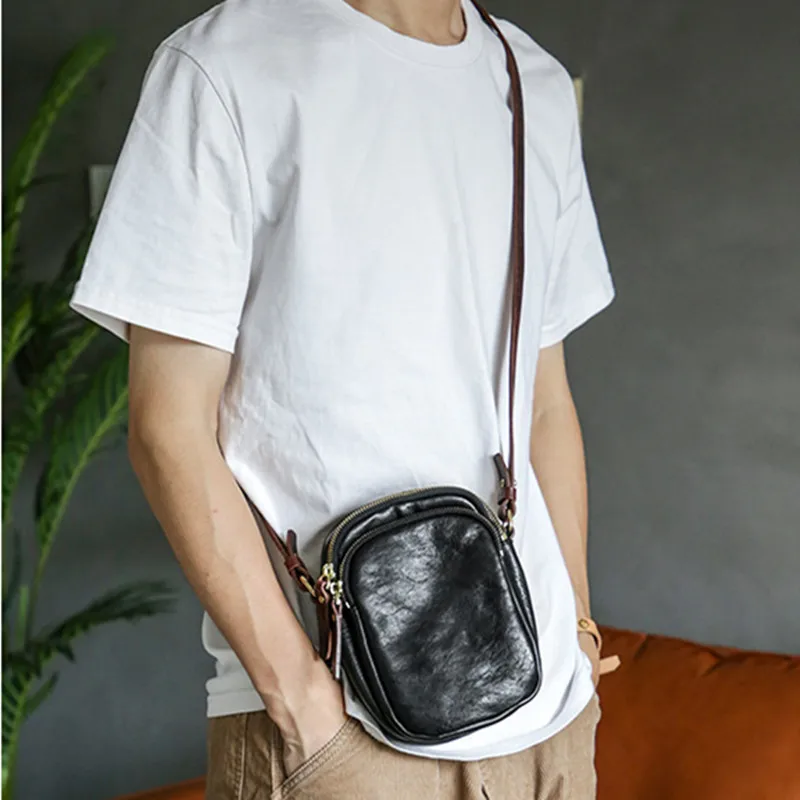 Weekend luxury genuine leather men's small phone bag casual simple high quality real cowhide teens light shoulder messenger bag