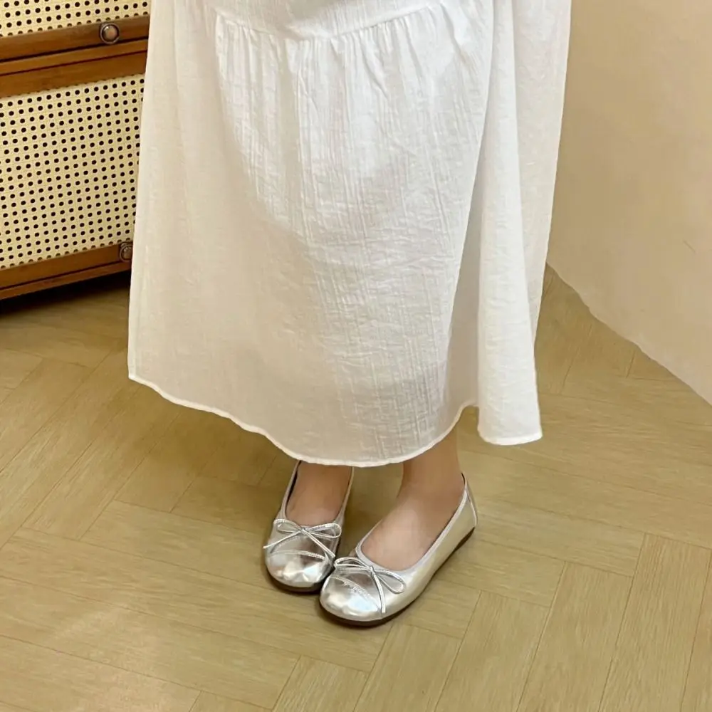 Удобные туфли Мэри с круглым носком и бантом кожаные на мягкой подошве плоской