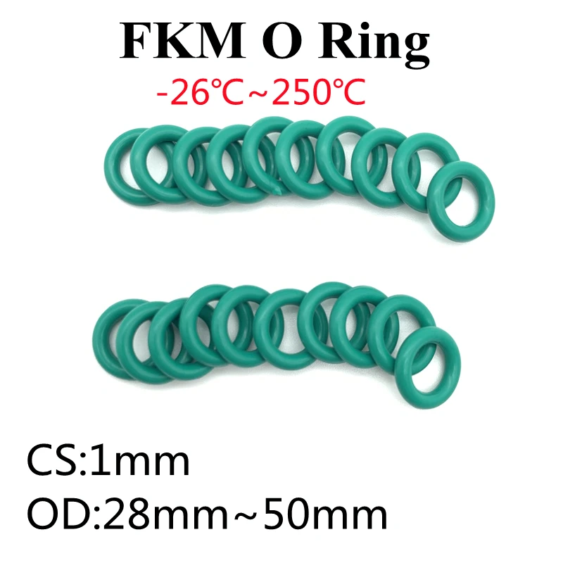 

50Pcs FKM Fluorine Rubber O Ring Sealing Gasket Thickness 1mm OD 28~50mm Insulation Oil High Temperature Resistance Green Washer