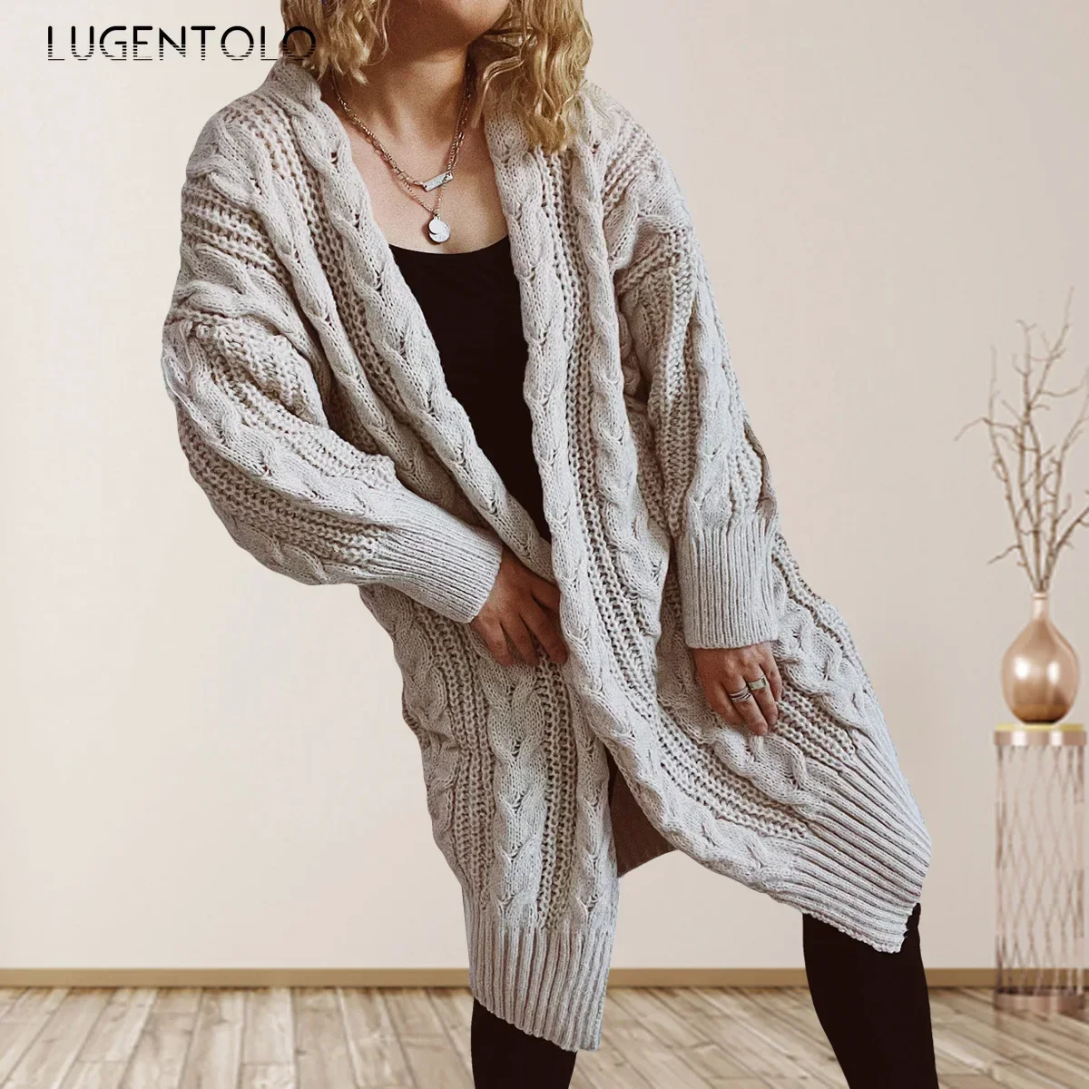 

Women Thicken Sweater Loose Cardigan Twist New Autum Winter Lady Casual Simple Cosy Long Knitted Clothing Lugentolo