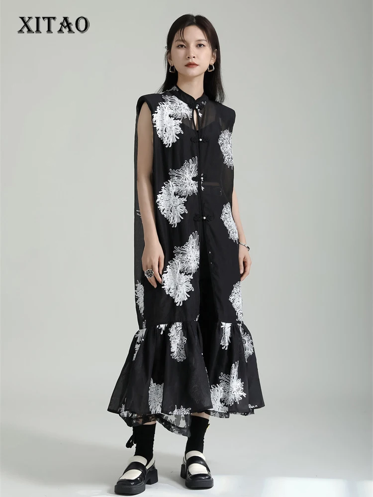 

XITAO Embroidery Outer Dress Sleeveless Stand Collar Vintage Women Fashion Ruffles Hem Summer New Coat Style Dress DMJ1004