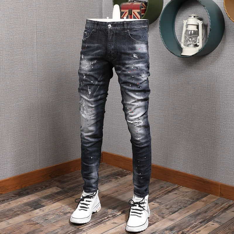 Italian Style Vintage Fashion Men Jeans Retro Black Blue Stretch Slim Fit Ripped Jeans Men Painted Designer Brand Pants Hombre