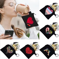 new fashion unisex coin card bag heart pattern printing series headphone key storage bag ring buckle zipper black canvas student