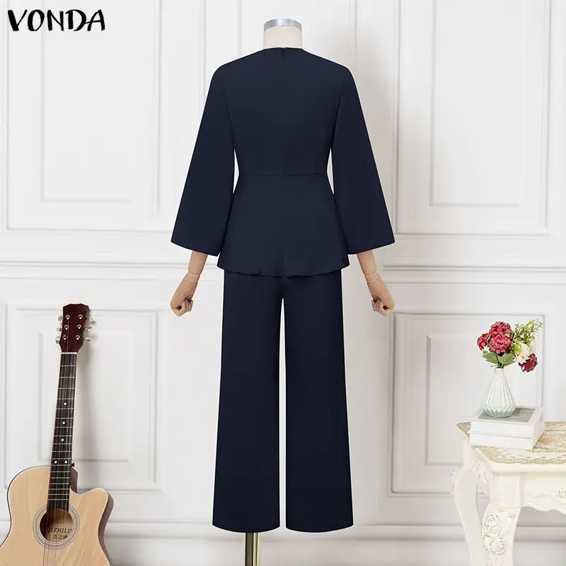 Фото Модный комплект VONDA больших размеров 5XL: женский летний повседневный элегантный офисный костюм из 2 предметов – топ с рукавом 3/4 и брюки с широкими штанинами №1