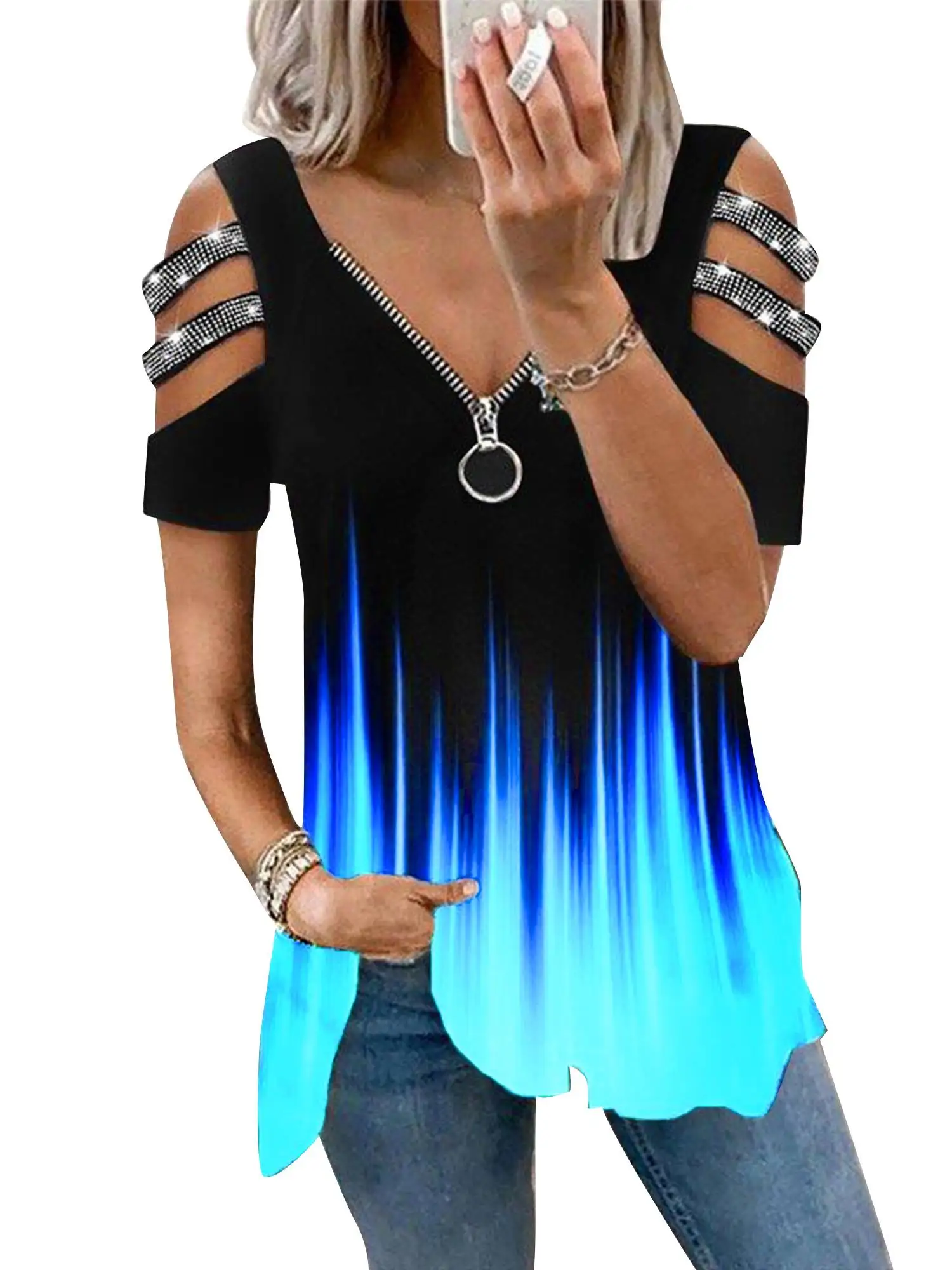 

Women's V-neck Zipper Gradient Printed Blouse Summer Fashion Tops T-shirt New Casual Shirts Ladies Tops Female Clothing