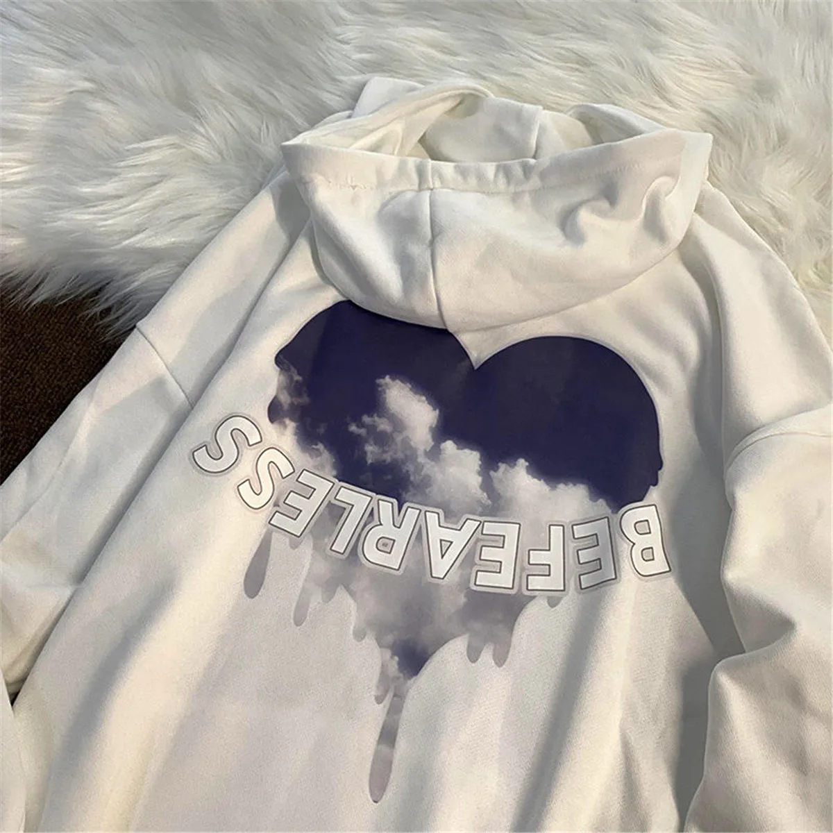 

White Hooded Hoodie Women Tops Ladies Casual Heart Funny Japan Long Sleeve Female Sweatshirt Autumn High Street Hoodies Female