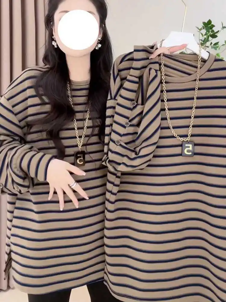 Женская полосатая футболка с длинными рукавами и 3 пуговицами