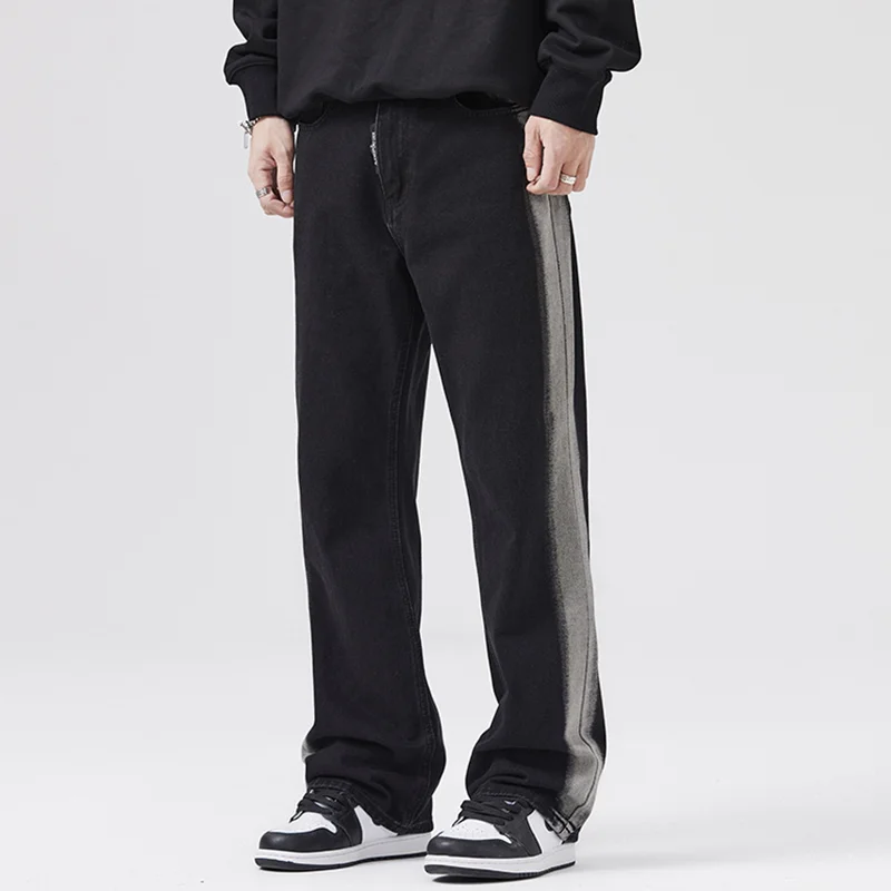 Men Clothing New Pattern Recreational Vintage Side Stripe Black Jeans Straight Cylinder Loose Wide Leg Trousers Autumn Female