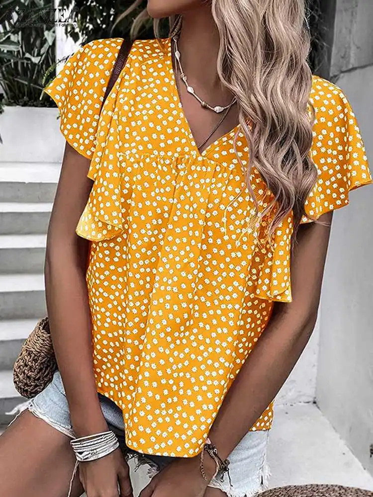 

ZANZEA Fashion Ruffled Sleeve Blouses Women 2023 Summer Floral Printed Smock Tops Holiday V-neck Blusas Casual Loose Beach Shirt