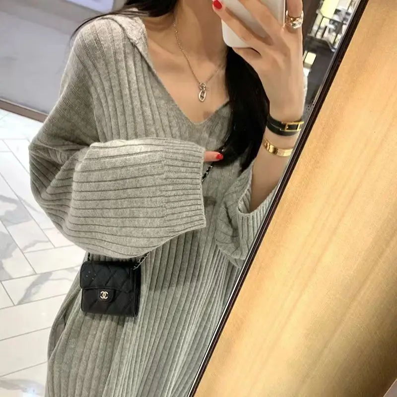 

Stripe Navy Collar Knitted Dress Women Korean Loose Slouchy Midi Dress Causal Autumn Winter Pullover Korean Gray Apricot O366