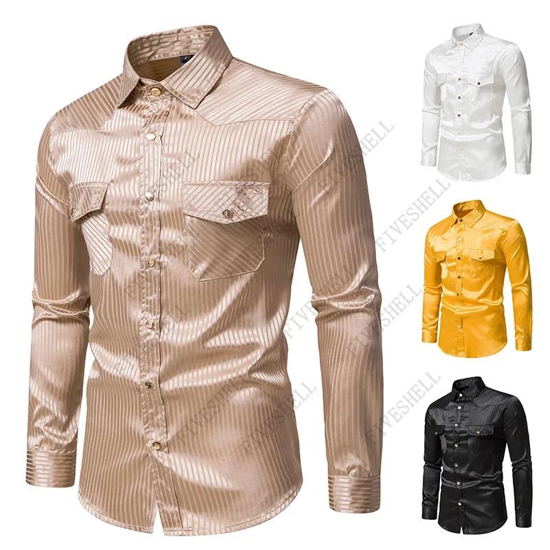 2023 Fashion Two Pocket Western Shirt Men Striped Long Sleeve Mens Dress Shirts Work Business Casual Camisa Masculina XXL