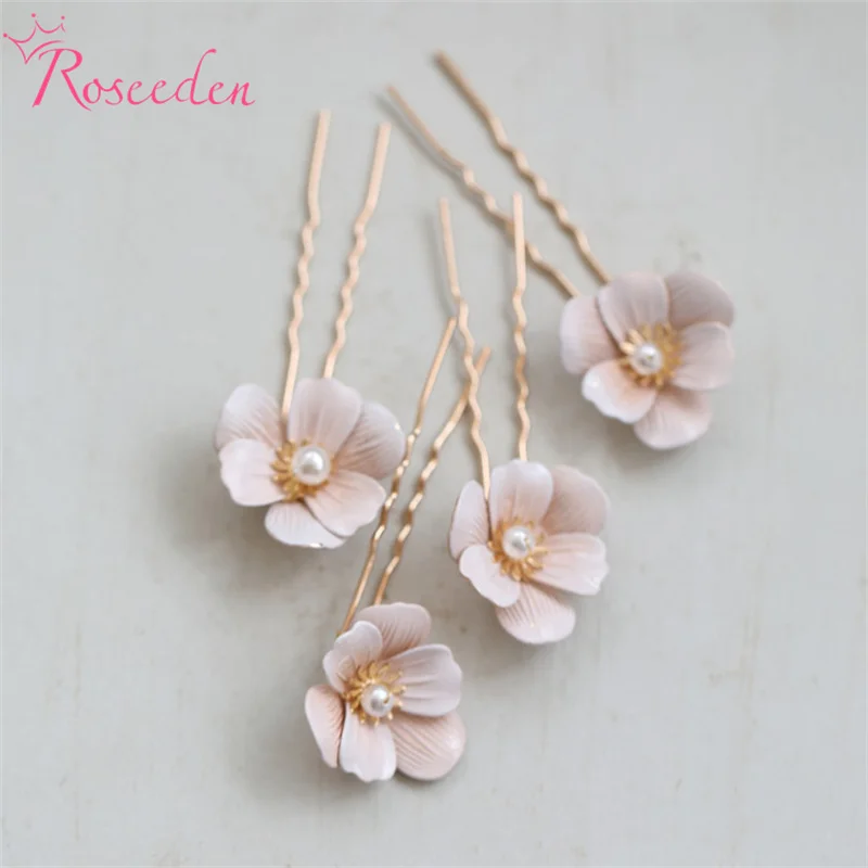 

Handmade Women Accessories 4PCS Floral Bridal Hair Pins Clips Gold Color Pearls Wedding Hair Pieces RE6014