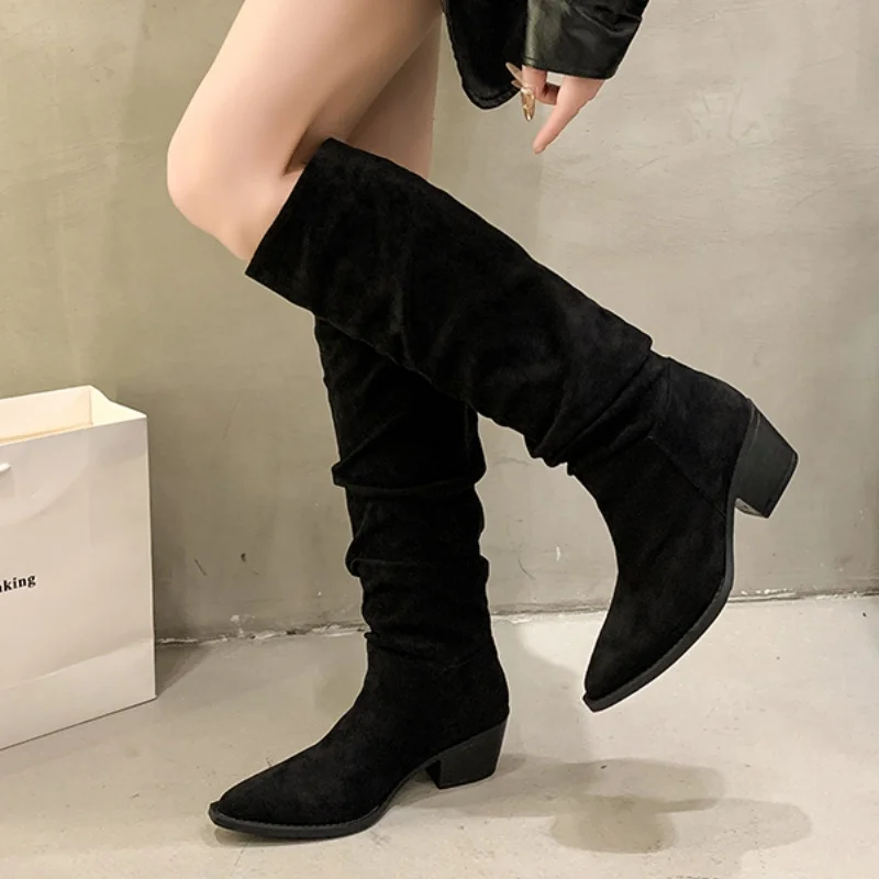 Плиссированные женские высокие сапоги замшевые туфли на среднем каблуке зима 2025