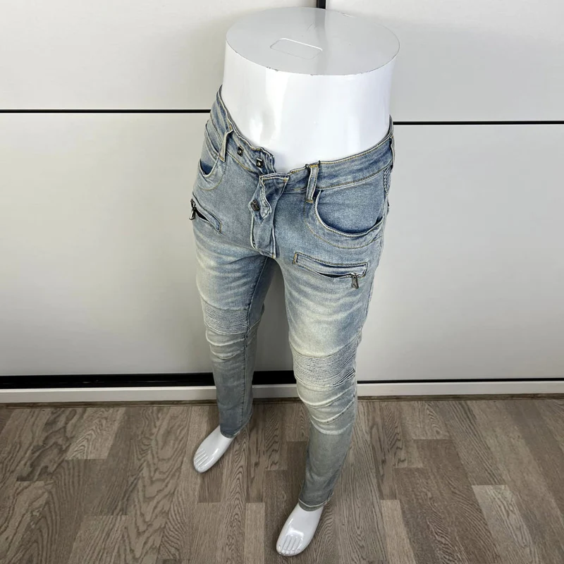 Street Fashion Men Jeans High Quality Retro Blue Elastic Slim Fit Spliced Designer Biker Jeans Men Hip Hop Brand Pants Hombre
