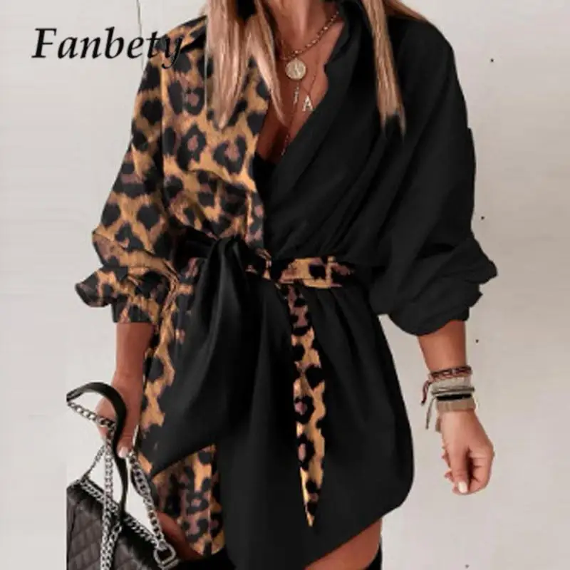 

Женское леопардовое лоскутное офисное платье-рубашка, модное свободное платье с отложным воротником и длинным рукавом, Осеннее женское мини-платье на шнуровке с поясом