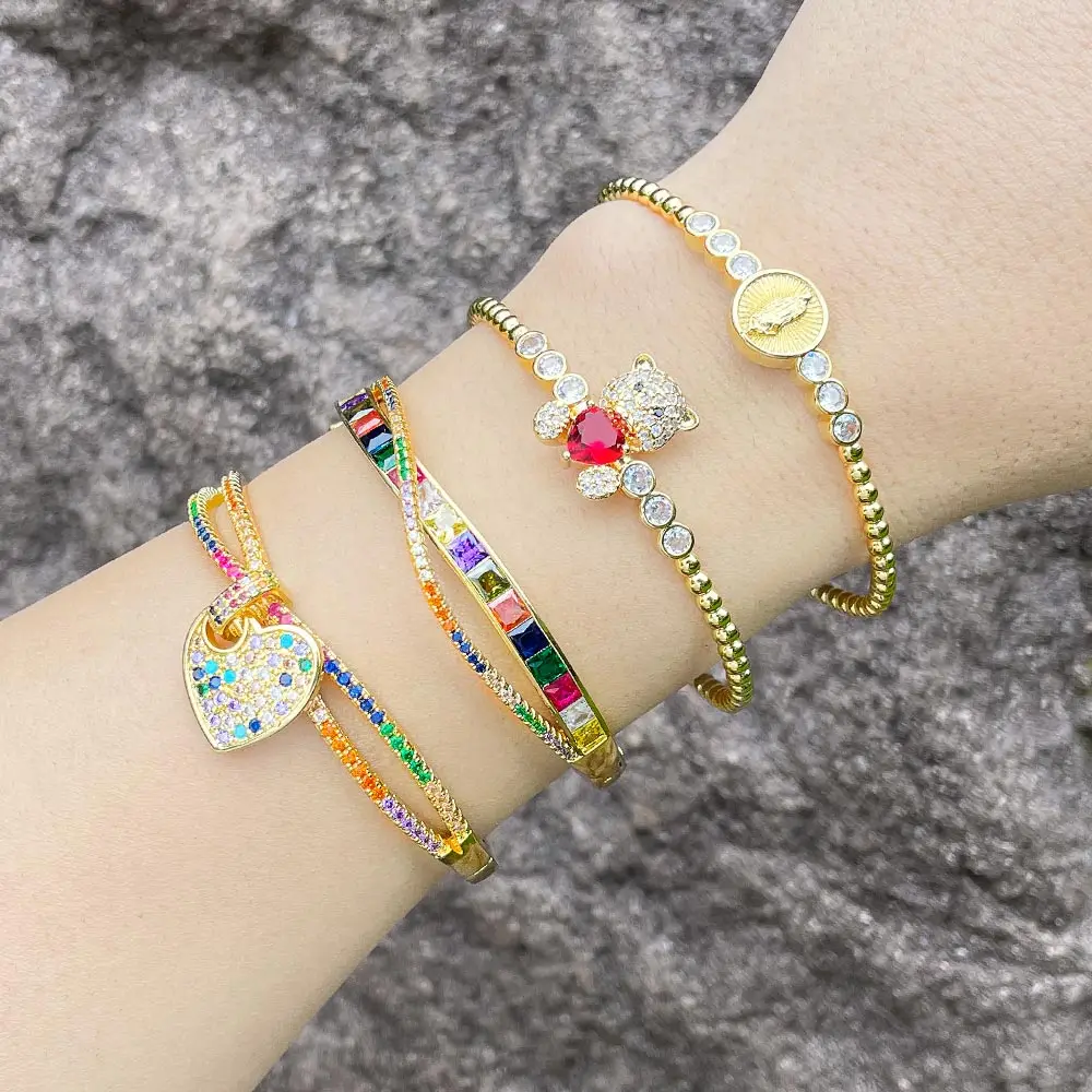FLOLA медные позолоченные манжеты с изображением девы Марии для женщин AAA циркониевые хрустальные браслеты радужные ювелирные изделия браслет arcoiris brth91