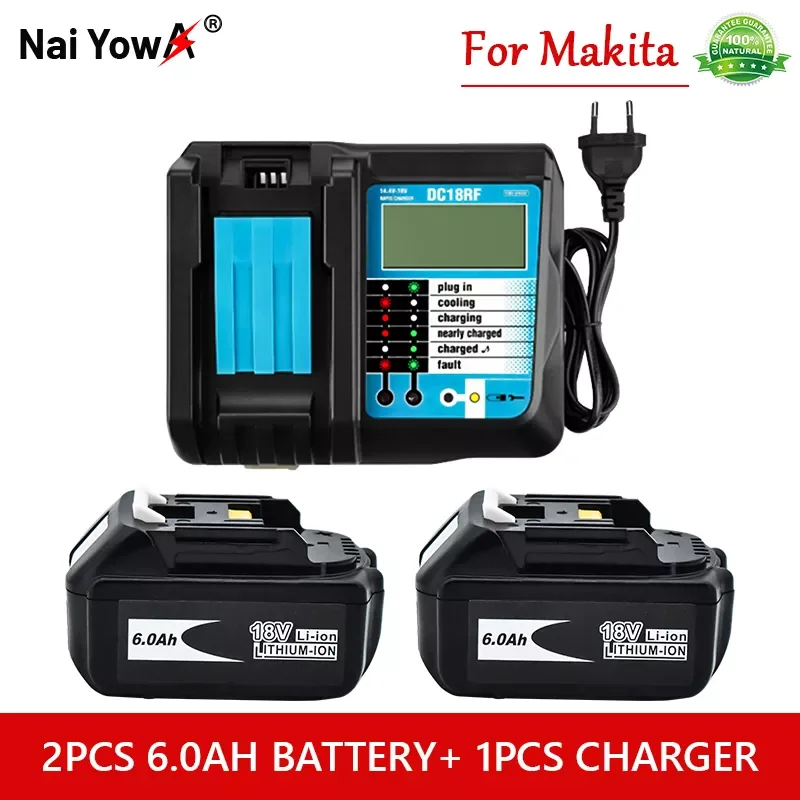 

2023New 18V6Ah Rechargeable Battery 6000mah Li-Ion Battery Replacement Power Battery for MAKITA BL1880 BL1860 BL1830battery+4A C