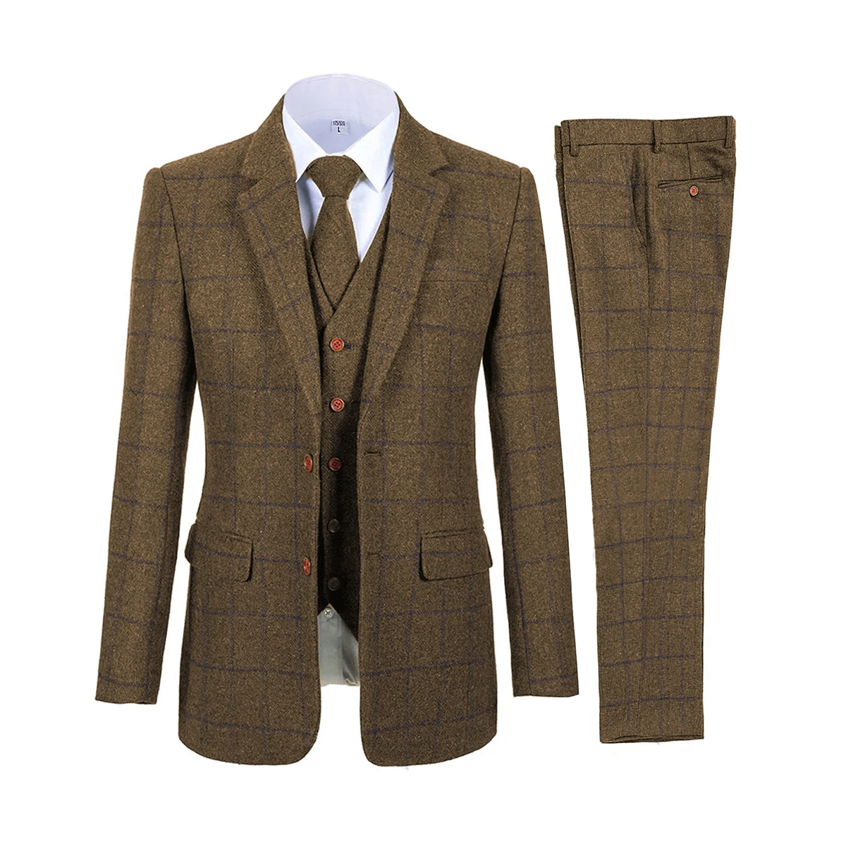 Brown Men Suits Plaid Tweed Suits for Man Three Pieces Vintage Lapel Tuxedos Groomsmen Winter Wedding Suit(Blazer+Vest+Pants)