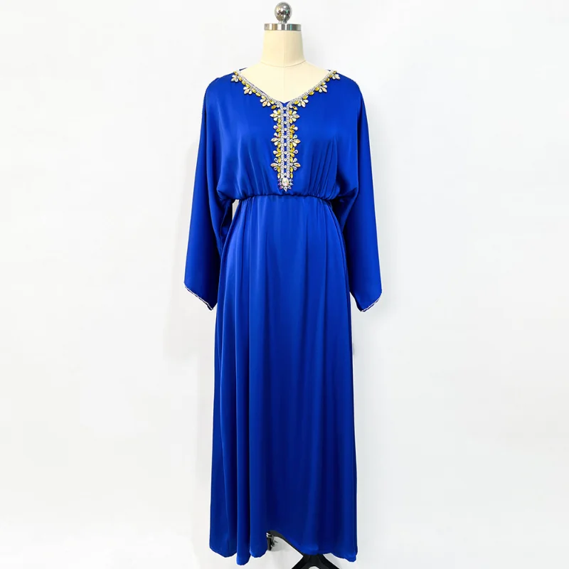 Moroccan Kaftan Luruxy Colored Rhinestones V Neck Off Shoulder Summer Long Dress Dubai Robe 2022 Gorgeous Vacation Gulf Abayas