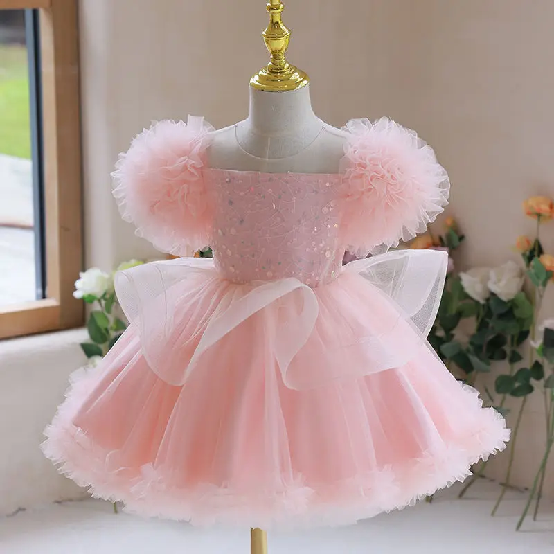 

2023 Flower Girl Dress for Baby Girls Kids Pink Princess Sequined Tulle Dresses Children Birthday Party Ball Gown Infant Clothes