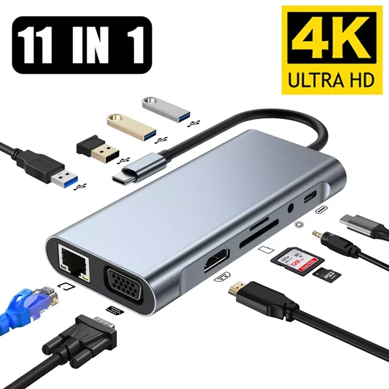 

New Fashion C Hub Type C To HDMI-Compatible RJ45 5 6 8 11 Ports Dock with PD TF SD AUX Usb Hub 3 0 Splitter For MacBook Air Pro
