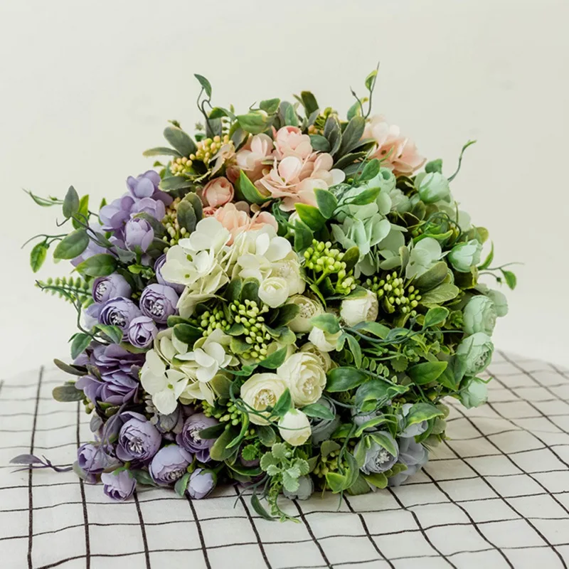 

Artificial Flowers Bouquet Fake Silk Roses Bouquets Realistic Touch Flower Arrangement Centerpiece Table Floral Faux Hydrangea