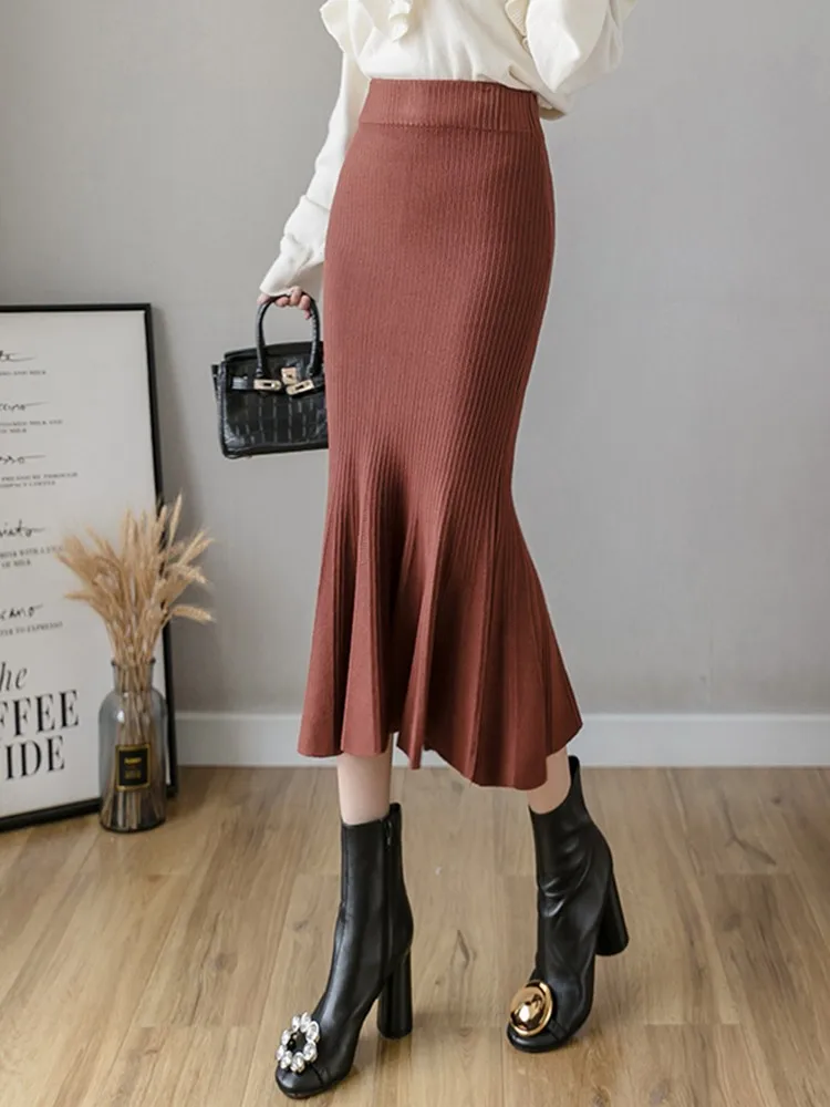 

High Waist Wrapped Fishtail A-line Knitted Long Skirt 2022 Autumn And Winter Fashion All-matched Solid Women Skirts W1207