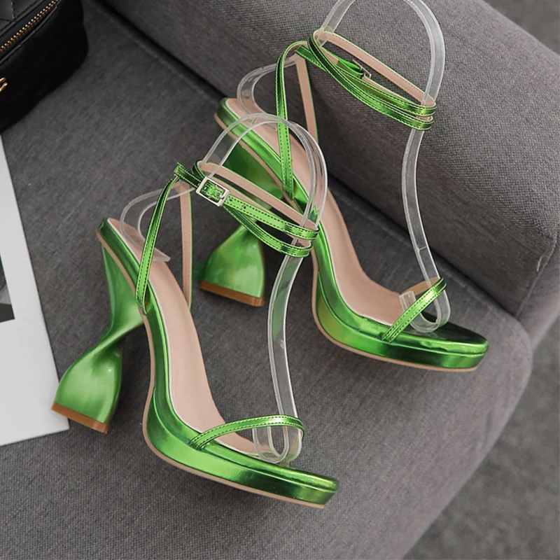 Platform Heels Women Luxury Gold Sandals Ankle Tie Shaped Heel Pumps Women Shoes Green Narrow Band Party Shoes High Heels