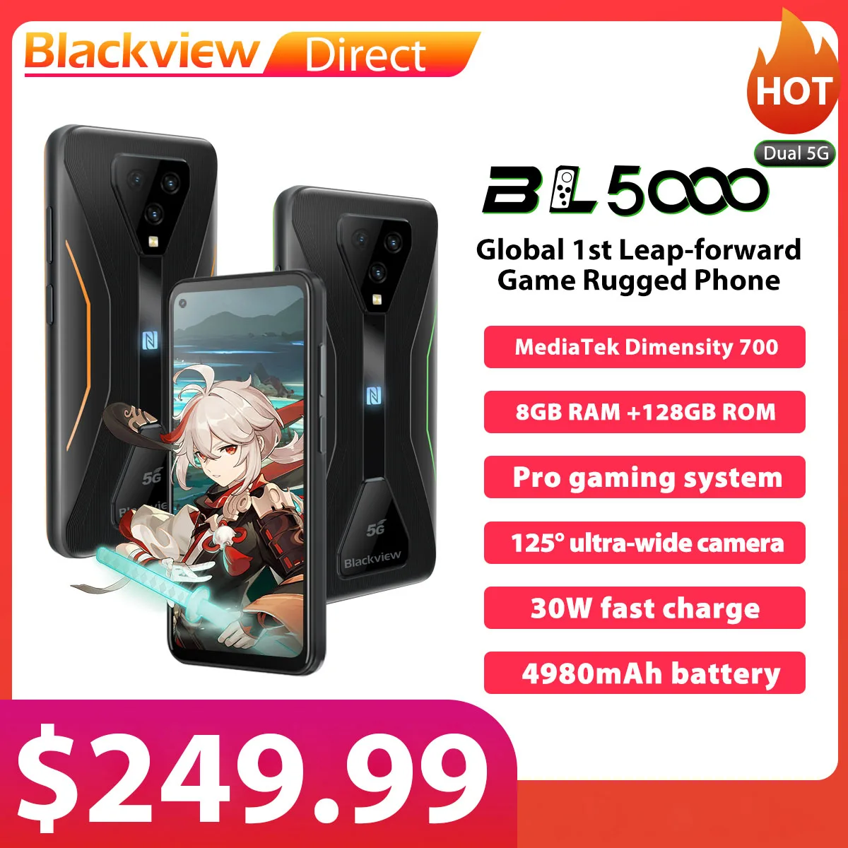 

Blackview BL5000 Dual 5G Smartphone IP68 Waterproof 30W Fast Charge Rugged Gaming Phone 8GB+128GB 4980mAh Global Mobile Phone