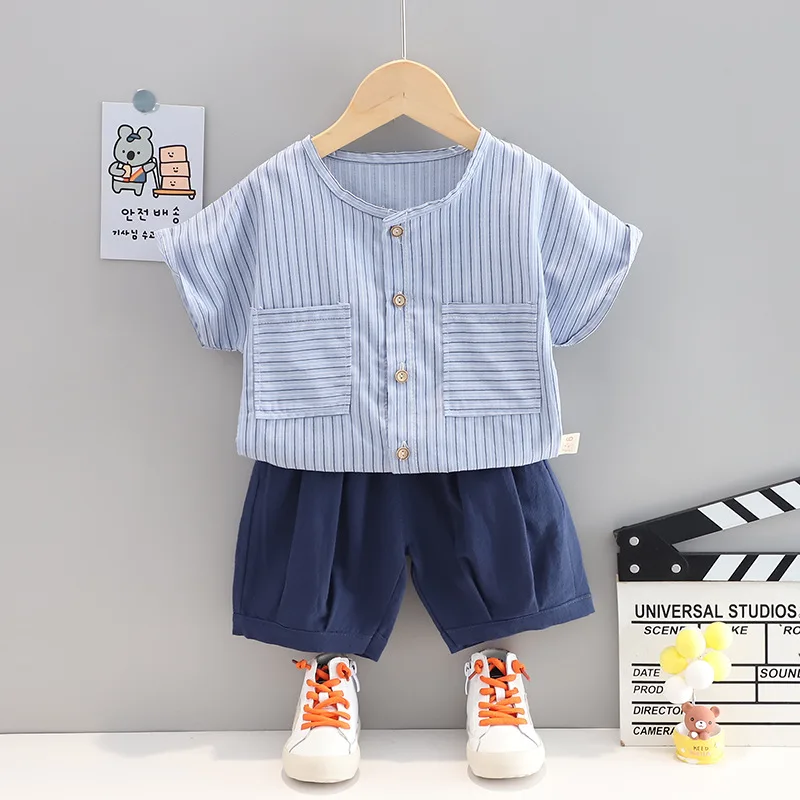 

2 шт./компл., хлопковая футболка в полоску и однотонные шорты