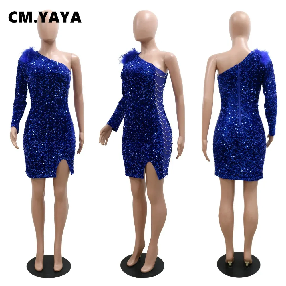 Женское облегающее платье миди CM.YAYA с блестками на одно плечо со шнуровкой