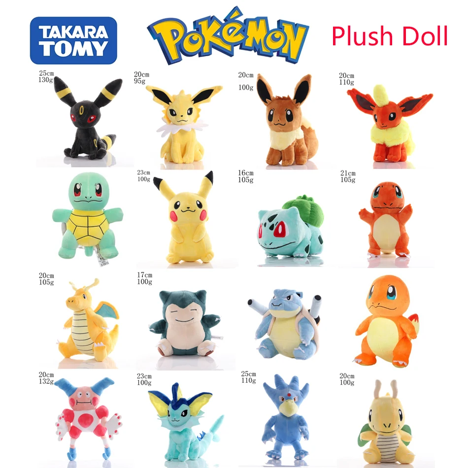 

New Pikachu Bulbasaur Charmander Squirtle Pokemon Plush Doll Stuffed Toy Psyduck Eevee Snorlax Gengar Jigglypuff Gifts
