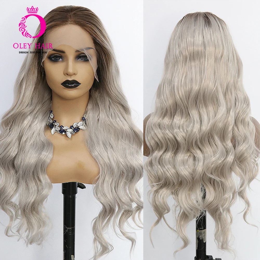 Ombre Grey Colored Synthetic High Temperature Fiber 13x4 Lace Front Body Wave Glueless Drag Queen Cosplay Wigs For Black Women