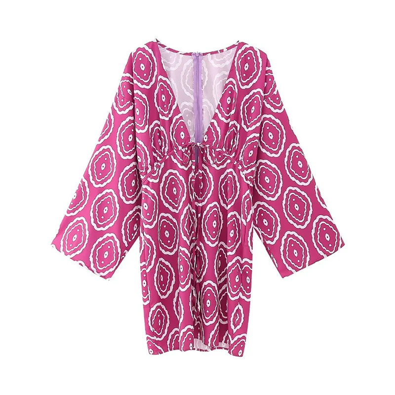 

YENKYE 2023 Women Long Sleeve V Neck Printed Short Dress Casual Vestidos