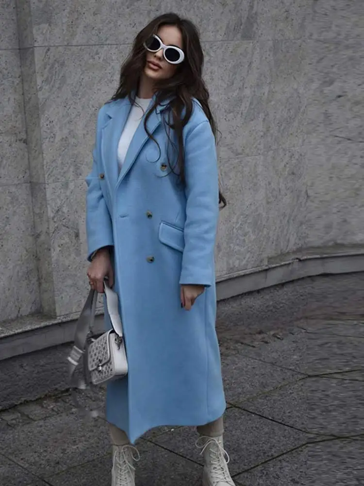 

Double Breasted Blue Woolen Coat Women Lapel Collar Pockets Solid Long Wool Coat Winte Fashion Warm Loose Woolen Overcoat